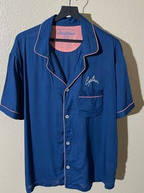 chubbies Navy Button-Up Pajama Shirt with Pink Piping